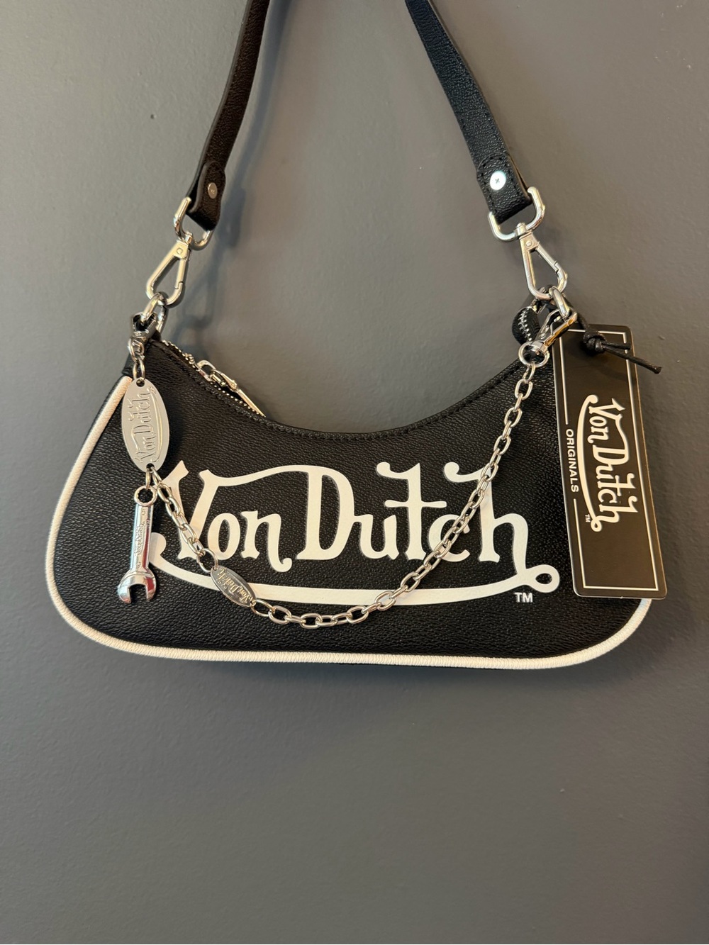 Von Dutch Black & White Logo Mini Shoulder Bag with Chain Charm